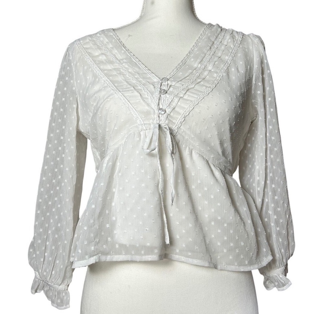 Ivory Swiss Dot Blouse Button Front Tie V Neck‎ Long Sleeve Top Coquette Small